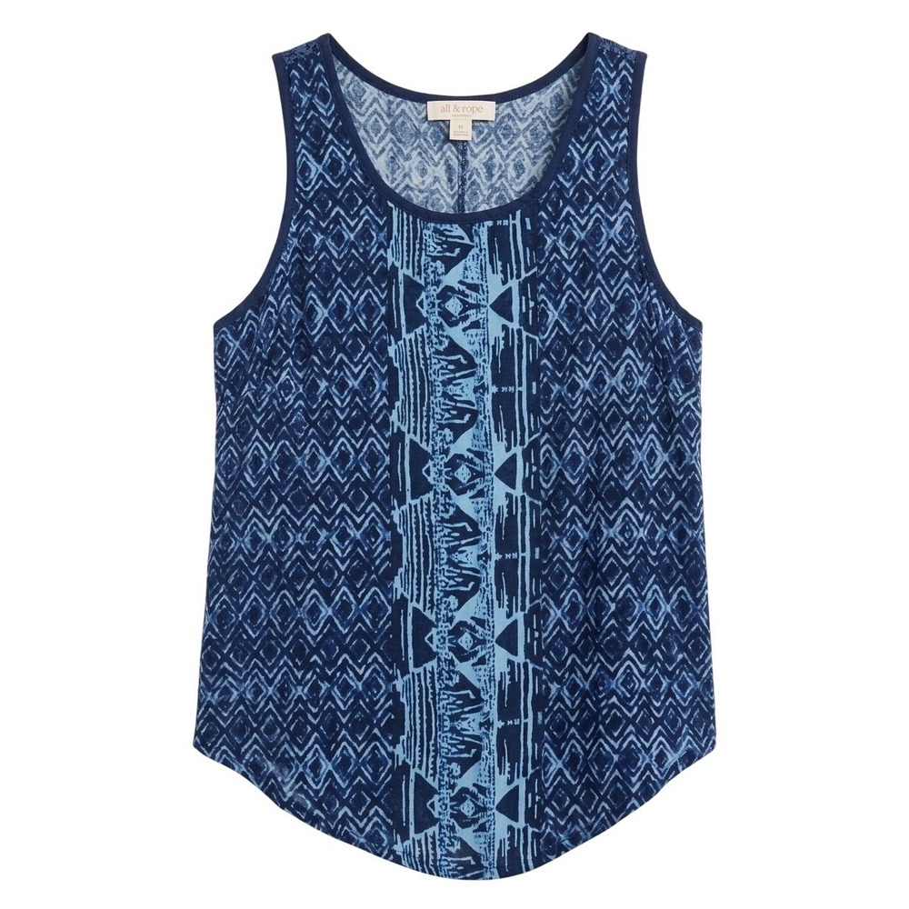 Zoe & Rose Band of Gypsies  Blue Geometric Print Tulip Back Lace Shoulder Tank S